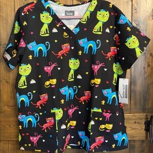 NEW- black with cat print scrub top.